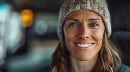 A joyful woman wearing a stylish beanie smiles warmly at the camera, manifesting a sense of happiness and contentment in a cozy, intimate environment around her.