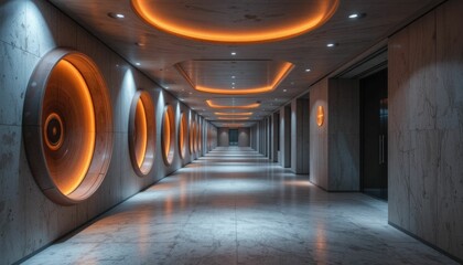A contemporary concrete corridor with circular wall décor and recessed lighting is illuminated by glowing orange LED lights.