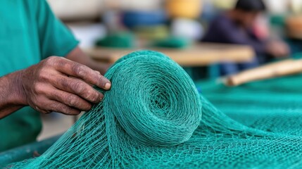 Detailed Crafting of Fishing Nets in a Coastal Village Workshop Promoting Traditional Handicrafts and Sustainable Fisheries Practices