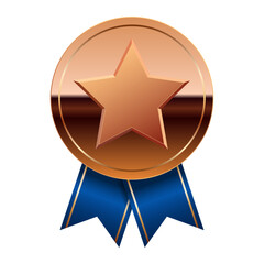 Bronze glossy mirror medal with blue ribbons and star for sport and games