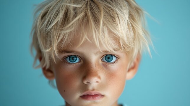 A close-up portrait of a young boy with striking blue eyes and tousled blonde hair, conveying deep thought and curiosity against a calming blue background.