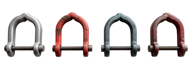 A set of four different types of metal clamps