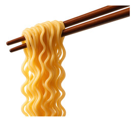 Wooden chopsticks holding a portion of wavy yellow noodles on transparent background.
