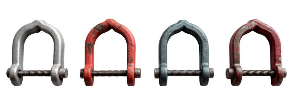 A set of four different types of metal clamps