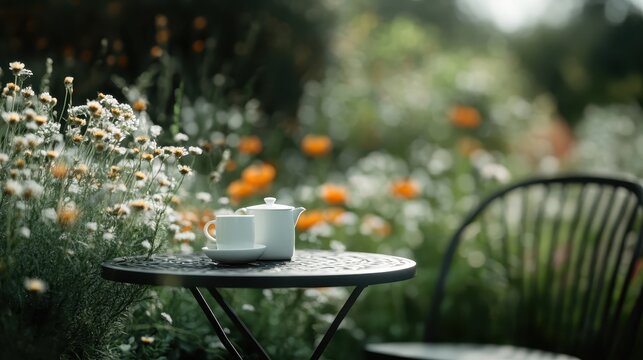 A charming tea set on a garden table among blooming flowers represents serenity and relaxation, perfect for a peaceful escape in nature's embrace.