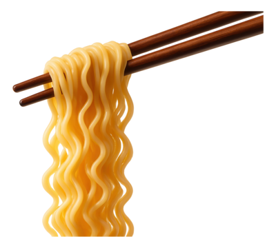 Wooden chopsticks holding a portion of wavy yellow noodles on transparent background. - Powered by Adobe