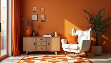 Modern living room decor burnt orange walls white chair