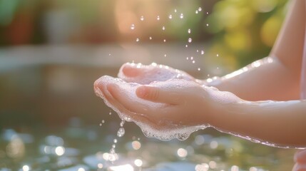 little kid hands wash with soap bubbles and rinse with clean water to prevent and stop the spread of germs after back to home, virus or covid19. Good health and good personal hygiene, virus, bacteria