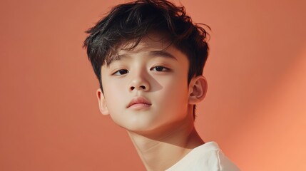 photo portrait of a handsome young model teen boy looking forward. child ad with copy space, cute, kids, children