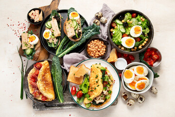 Breakfast food concept. Various ways of cooking chicken eggs.