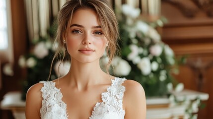 A radiant bride stands gracefully amidst a backdrop of lush flowers, exuding elegance and romance, perfectly embodying the bliss of love and celebration.
