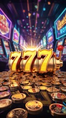 Lucky triple sevens golden slot machine jackpot casino win gambling wealth and fortune illustration art