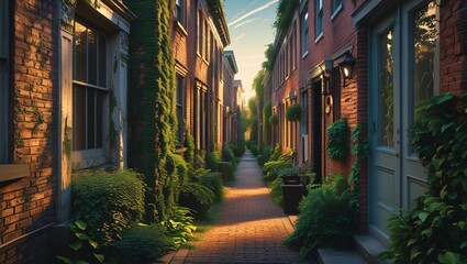 Fototapeta premium Sunlit brick alleyway lush greenery historic charm