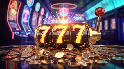 Jackpot slot machine casino game luck gambling winning coins gold sevens vegas entertainment risk chance 3d render