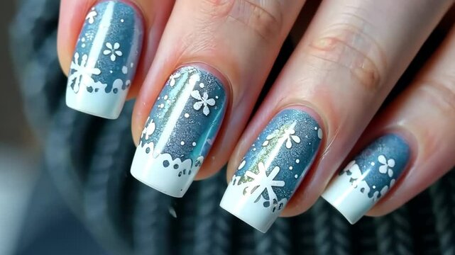 Woman displaying winter-themed nail art, featuring intricate designs of blue and white snowflakes and flowers, enhanced by a shimmering, glittery finish for a festive look