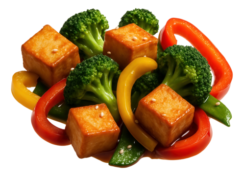 Stir-fried tofu cubes with vibrant broccoli, red and yellow bell peppers, and sesame seeds on transparent background.