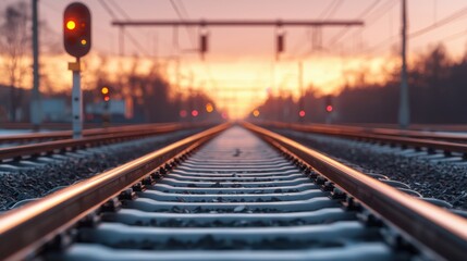 Fototapeta premium Frosted Railway Junction at Dusk with Sleek Tracks Glowing Under Soft Sunset Light