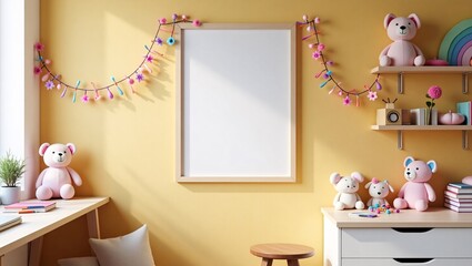 Yellow nursery room decor mockup with blank frame