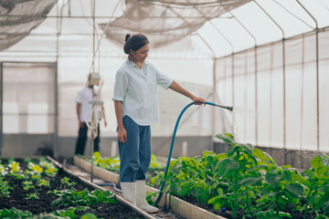 Group of young people  learning about farming, farming, and cultivation in a greenhouse.