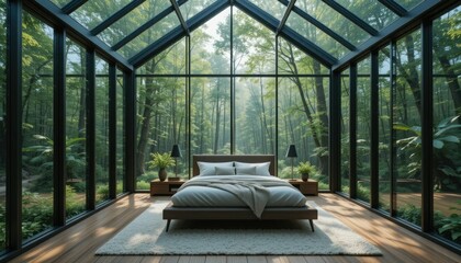 Interior picture of a bedroom in a forest with huge glass windows