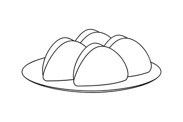 Line drawing of four triangular onigiri rice balls on a plate