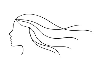 Woman profile line drawing long flowing hair wind