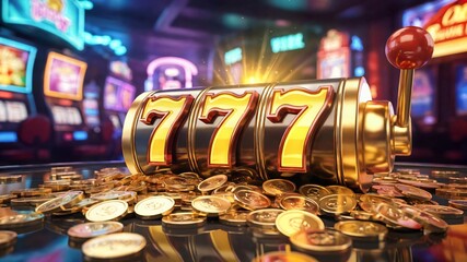 Slot machine with triple sevens and gold coins casino gambling jackpot winning chance lucky fortune risk game