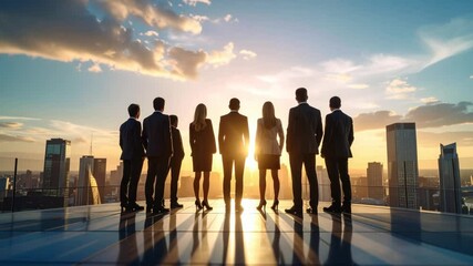 Visionaries Gazing at the Horizon: A unified group of business professionals stands proudly against the cityscape, their silhouettes highlighting the vast sky. - Powered by Adobe