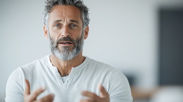 A mature businessman shares insights in a modern office setting, exuding charisma and confidence with his direct gaze and authentic gestures during a discussion. - Powered by Adobe