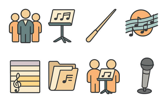 Choral and ensemble isometric set. choir group, music stand, conductor baton, harmony icon, vocal range chart, sheet folder, rehearsal icon, vocal mic