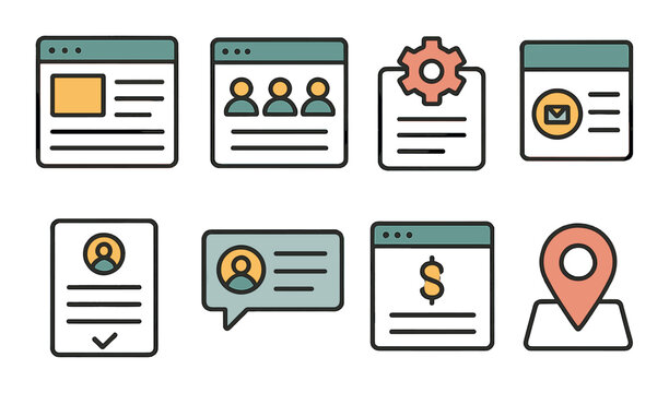 Business and corporate sites isometric set. company website icon, team page layout, service section, contact info card, business form icon, client