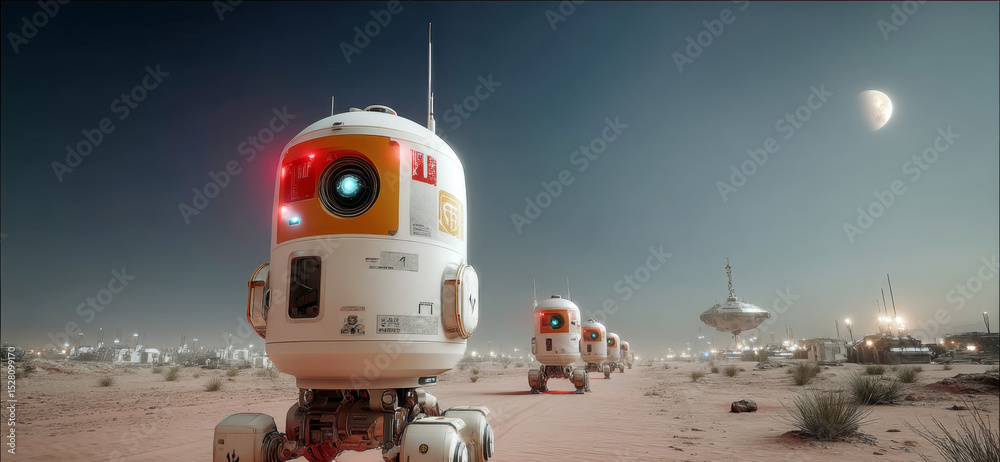 Poster autonomous robots traverse the surface of a distant planet during a space exploration mission. the l