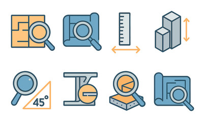 Architecture & Blueprint Scaling Concept isometric set. Floorplan zoom, blueprint lens, scale ruler, building model resize, angle zoom, structure detail.