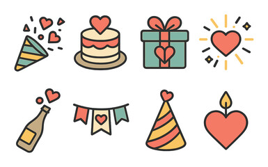 Celebration hearts isometric set. heart confetti popper, cake with heart, gift box and ribbon heart, heart in fireworks, champagne with heart bubbles.