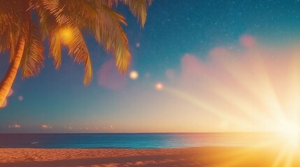 Beautiful sunrise over a serene beach with palm trees