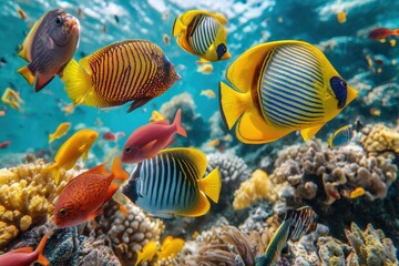 Fototapeta premium Diverse marine life thrives in a colorful underwater environment of reefs and coral