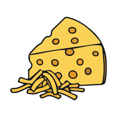 A cartoon drawing of a wedge of cheese with shredded cheese at the bottom.