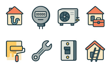 Household utilities and maintenance isometric set. house with plumbing pipe, electric meter, HVAC unit, toolbox beside house, paint roller on wall, home
