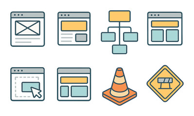 Website construction elements isometric set. wireframe icon, UI mockup, sitemap flow, template block icon, drag-and-drop builder, page section layout.