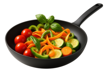 A black frying pan filled with colorful fresh vegetables including cherry tomatoes, zucchini, carrots, bell peppers, and basil on transparent background.
