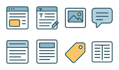 Blog and content sites isometric set. blog page icon, content editor window, featured image icon, comment box, text post layout, article with heading, tag