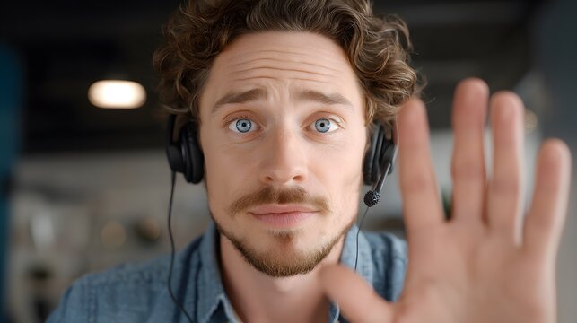Man in Headset Making Gestures While Looking Concerned in a Modern Office Setting