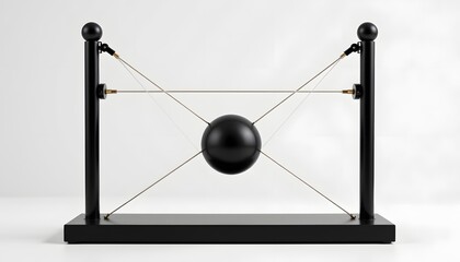 a minimalist newton's cradle with matte black balls and base, on a plain white background.