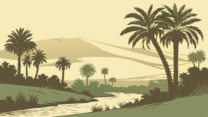 Desert oasis illusion: Pixel-art jungle floating above sand dunes. 16-bit style palm trees (limited 8 colors). Holographic glitch effects. Flat beige desert foreground. Digital mirage concept