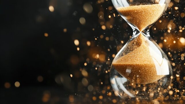 An artistic hourglass captures attention with its shimmering sand spilling between two glass chambers, symbolizing the passage of time and fleeting moments in a captivating way.