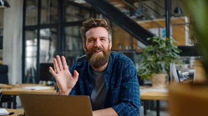 Obraz premium Young Man with Beard Gesturing During Video Call in Modern Workspace with Natural Light and Plants