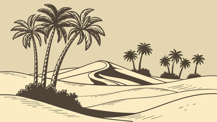 Obraz premium Desert oasis illusion: Pixel-art jungle floating above sand dunes. 16-bit style palm trees (limited 8 colors). Holographic glitch effects. Flat beige desert foreground. Digital mirage concept