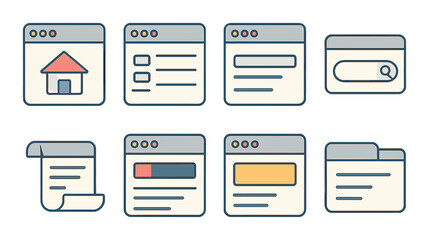 Website interface icons isometric set. homepage icon, browser window, navigation menu, search bar, webpage scroll icon, site header layout, web page