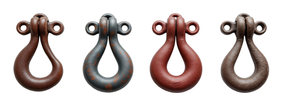 A set of four different types of metal hooks.