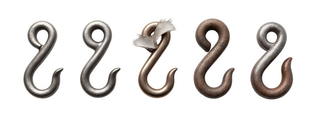 A set of four metal hooks with a feather sticking out of them.